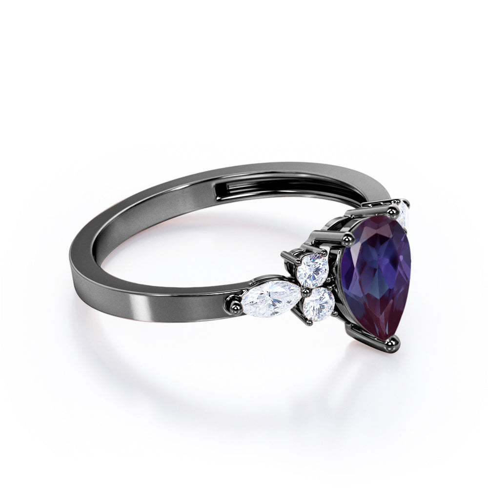Modern Seven stones 1.15 carat Pear cut Lab created Alexandrite and diamond marquise and dot engagement ring in White gold