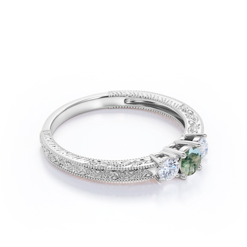 Past Present future 0.6 carat Round cut Moss Green Agate Milgrain Filigree Engagement ring in White gold
