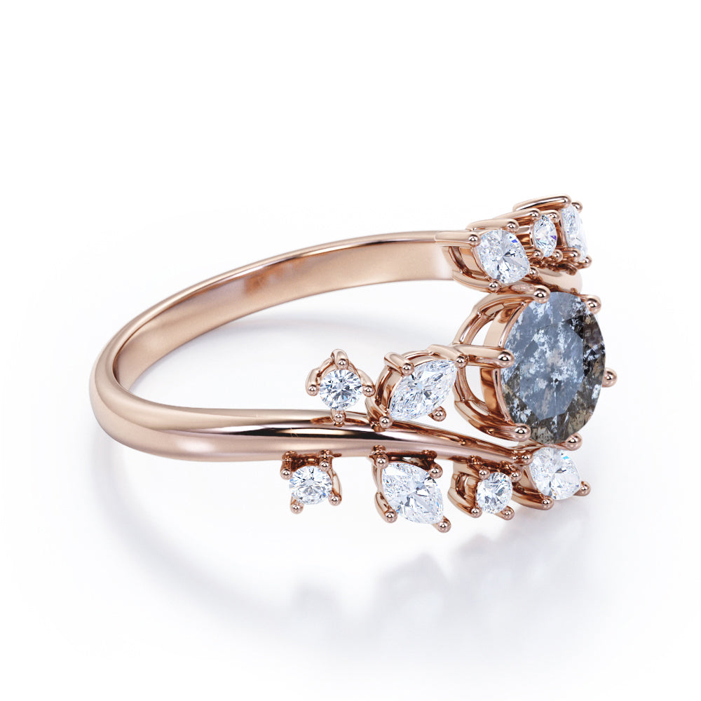 Nature inspired 0.75 carat Round cut Salt and pepper diamond and White diamond tension set engagement ring in white gold