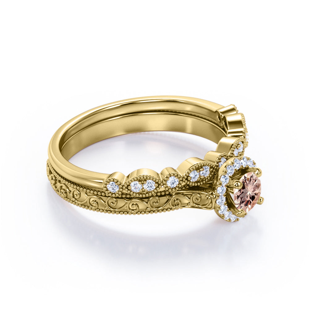 Antique Bridal 1 carat Round cut Morganite and diamond-Filigree and Milgrain-classic halo wedding ring set in White gold