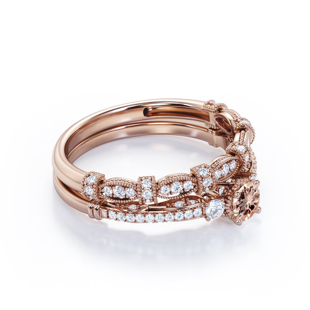 Artistic 1 carat Round cut Pink Morganite and diamond engraved art deco inspired wedding ring set in White gold