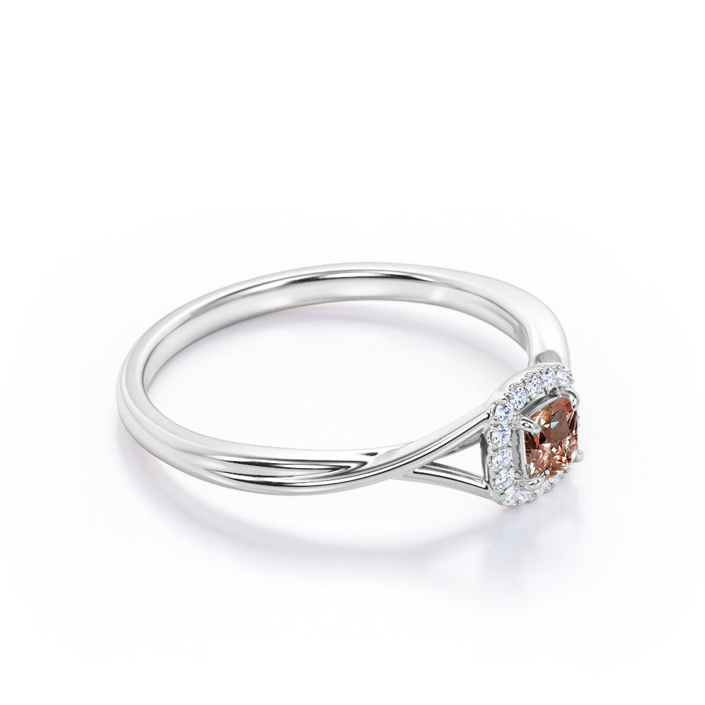 Art Deco Twisted Shank 0.65 carat Cushion cut Peach Morganite and diamond halo engagement ring in Rose gold