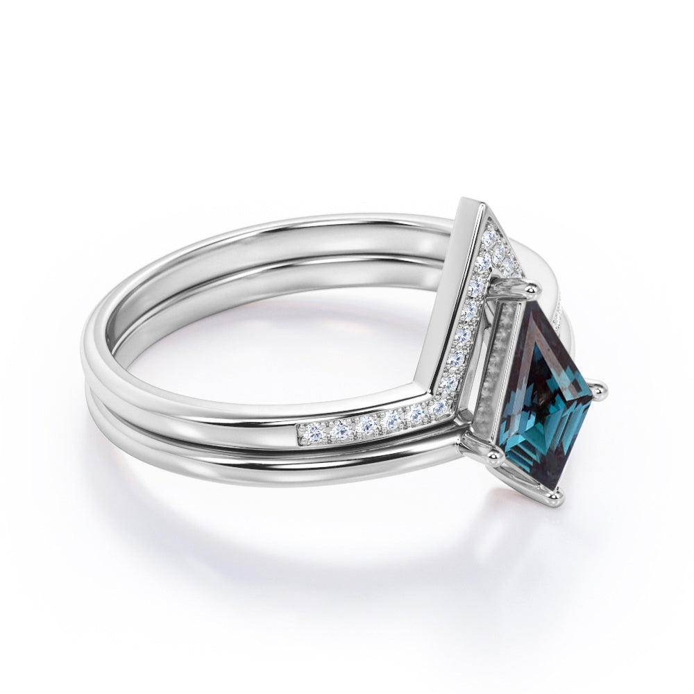 Solitaire Prong 1.25 carat Kite shaped Lab created Alexandrite and diamond contoured wedding ring set in White gold