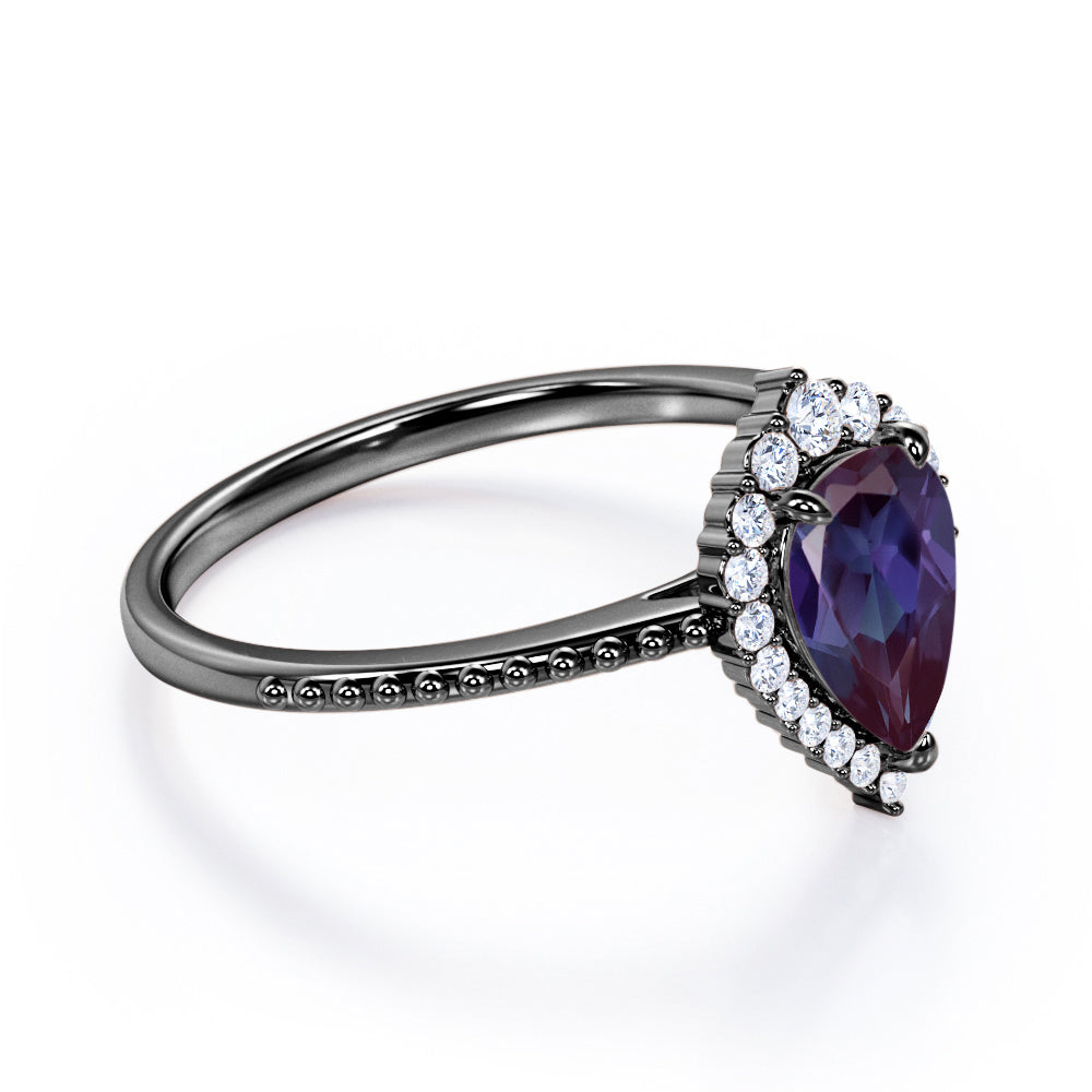 Crown Milgrain 1.25 carat Pear shaped Synthetic Alexandrite and diamond halo style engagement ring in Rose gold