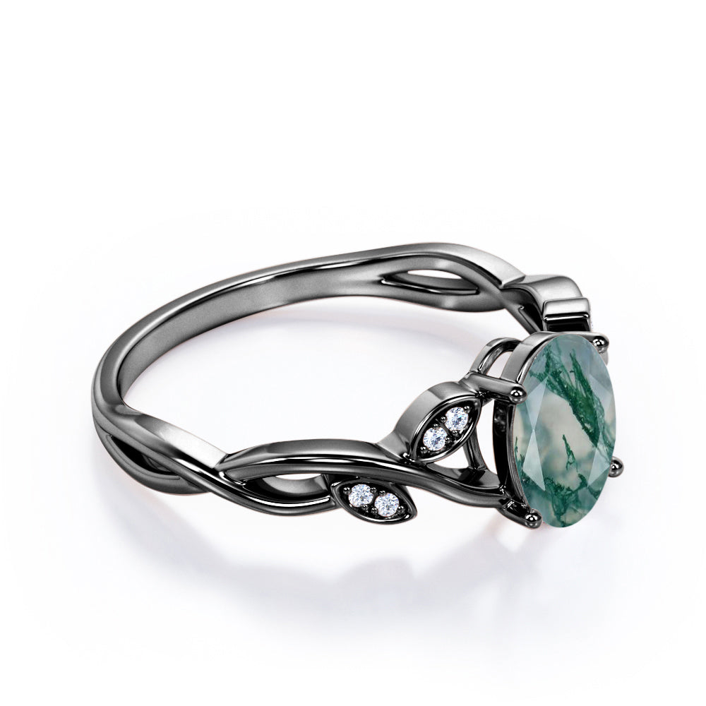 Floral Infinity 1.15 carat Oval cut Moss Green Agate and diamond vine and leaf engagement ring in White gold