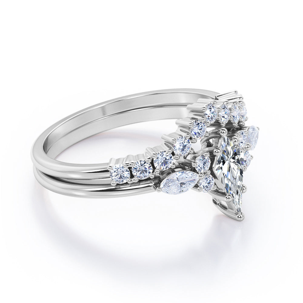 Prong style 1.40 carat Kite shaped Moissanite and diamond vintage inspired Bridal set in Rose gold