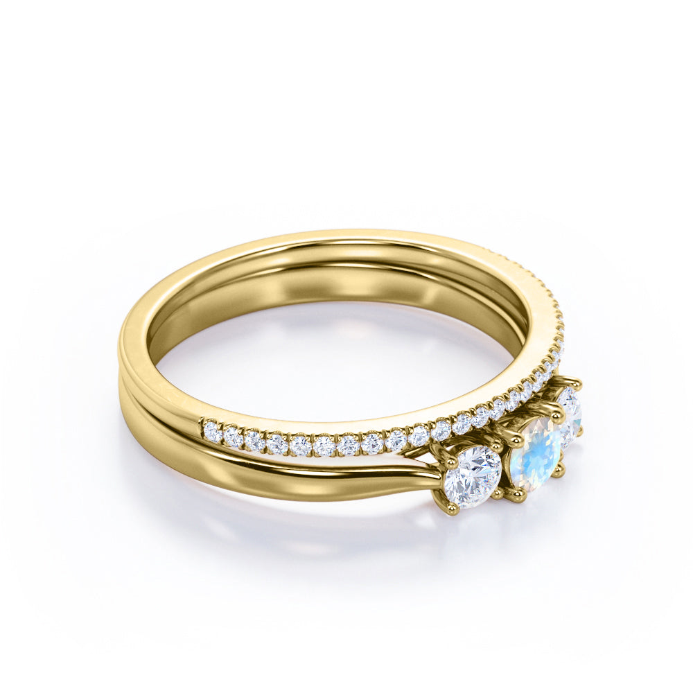 Elegant Trilogy 1.4 carat Round cut Rainbow Moonstone and diamond eternity wedding ring set for women in Rose gold