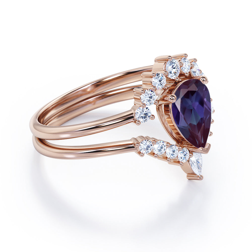 Elegant Vintage inspired 1.25 carat Pear shaped Lab made Alexandrite and diamond bridal set for women in Black gold