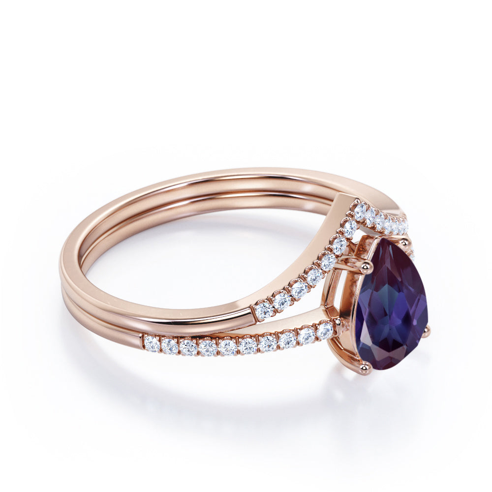 Simple Chevron 1.35 carat Pear shaped Lab created Alexandrite and diamond pave set wedding ring set in Black gold
