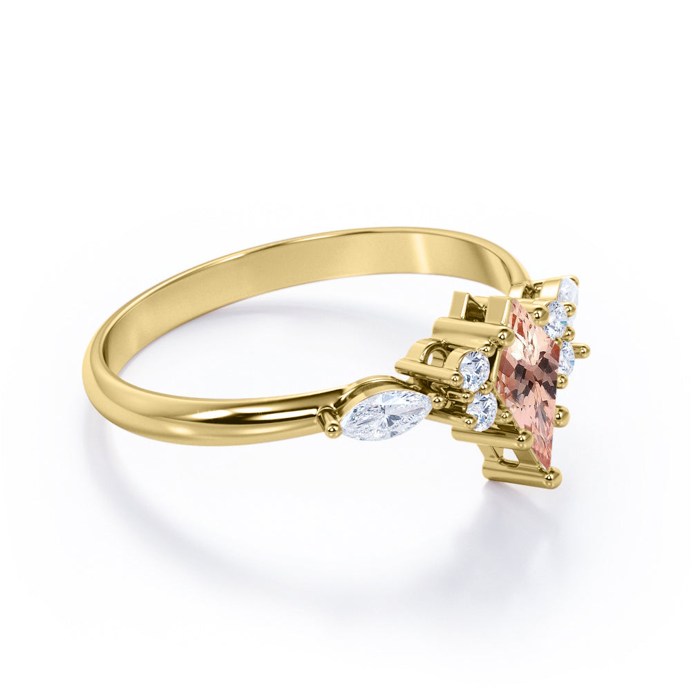 Trendy 1.25 carat Kite shaped Morganite and diamond button prong setting-seven stone promise ring for women in White gold