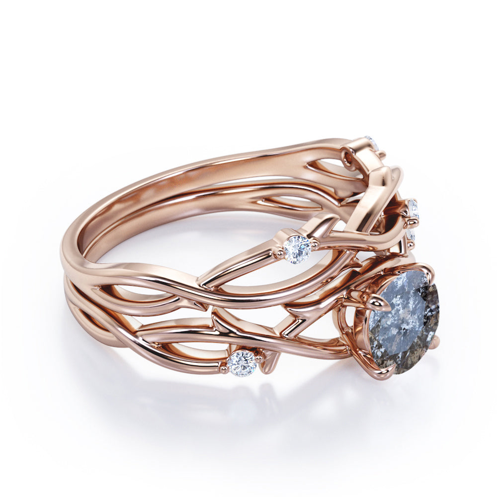 Artistic Vine 0.6 carat Round cut Salt and pepper diamond and White diamond twisted branch wedding ring set in White gold