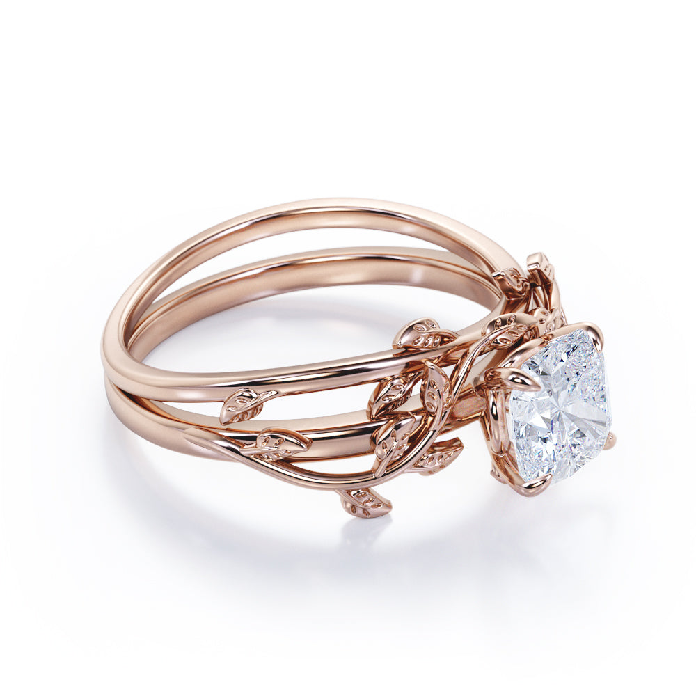 Twist Branch design 1 carat cushion cut Moissanite leaf wedding ring set in White gold