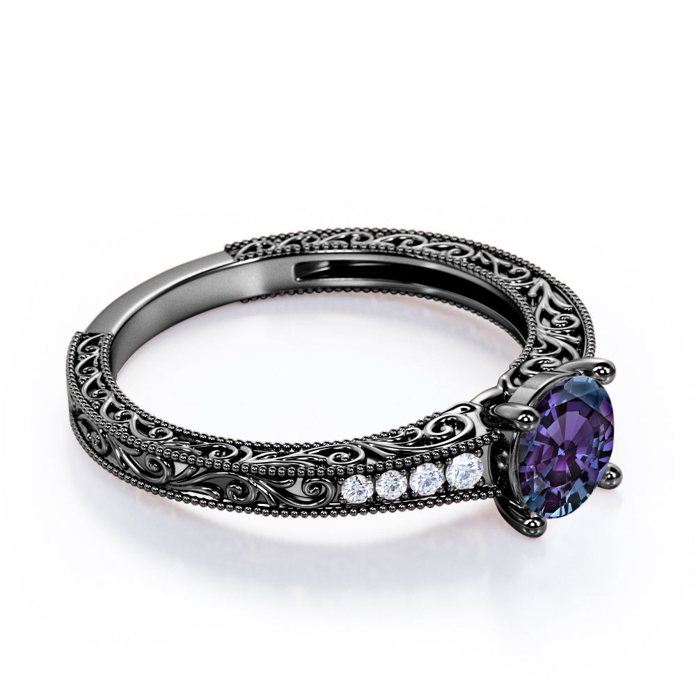 Floral filigree 1.1 carat Round cut Lab created Alexandrite and diamond channel set engagement ring in Rose gold