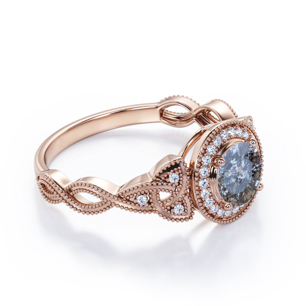 Twisted Vine inspired 0.75 carat Round cut Salt and pepper diamond and White diamond classic halo engagement ring in White gold