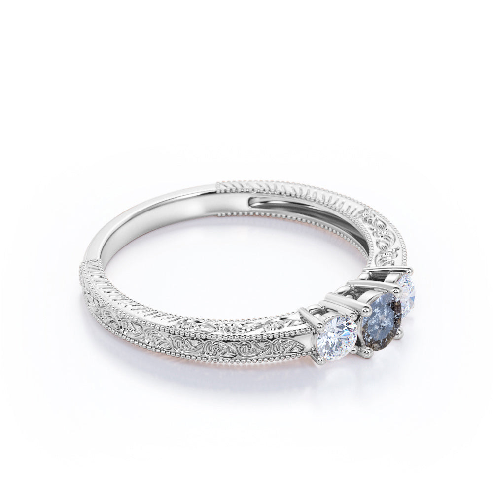 Three stone 0.5 carat Round cut Salt and pepper diamond and White diamond Filigree Milgrain Engagement ring in White gold