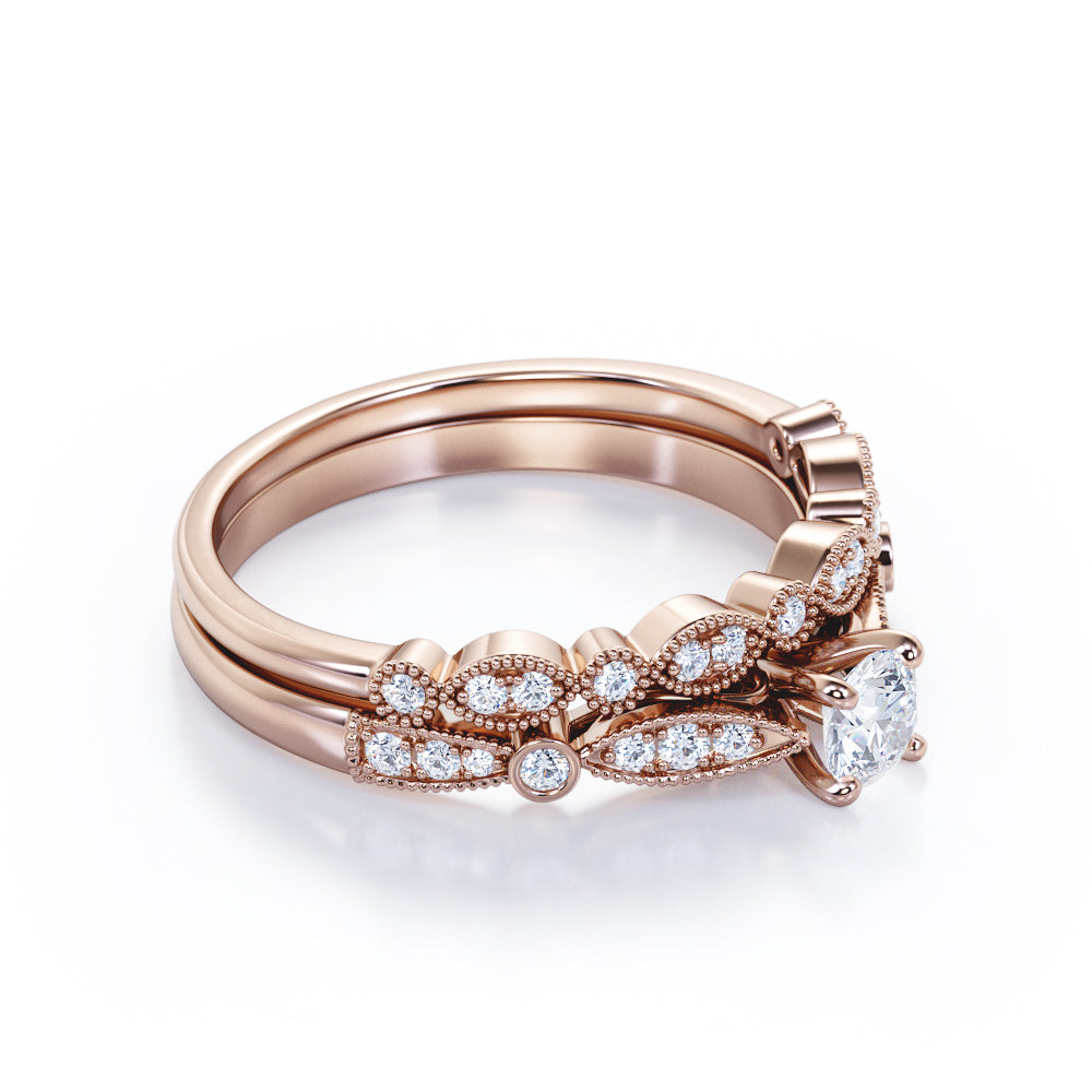 Cathedral setting  0.75 carat Round cut Moissanite and diamond art deco inspired wedding ring set for women in White gold