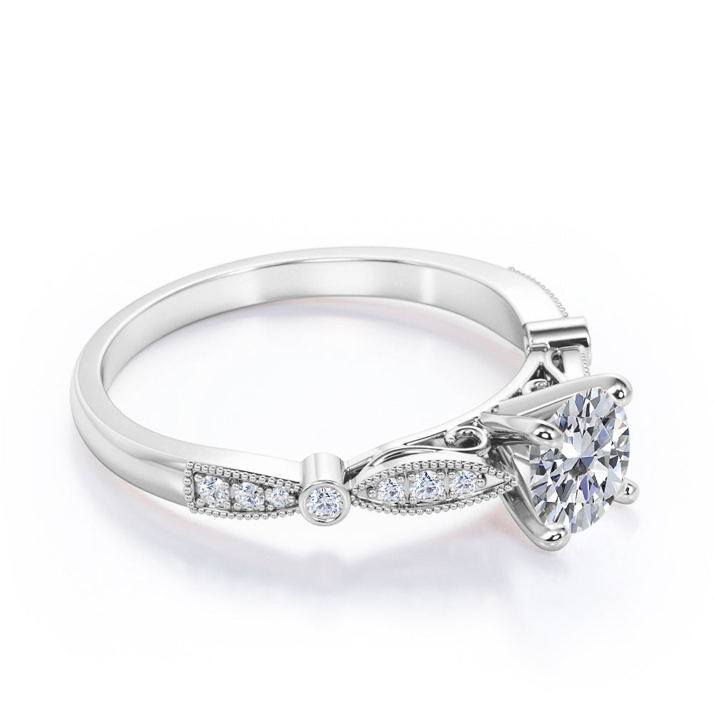 Vintage cathedral 1.25 carat Round cut Moissanite and diamond 4 prong engagement ring in Rose gold
