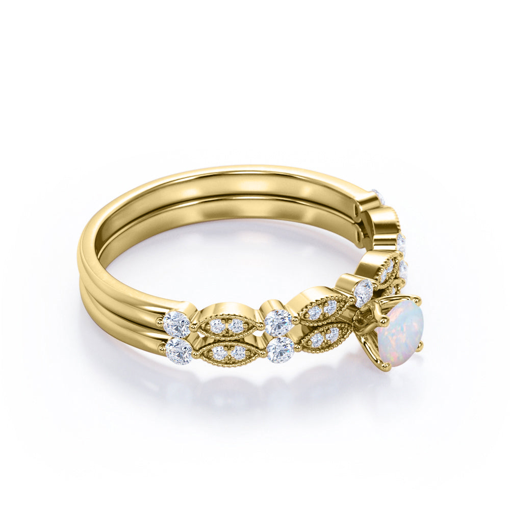 Magnificent Milgrain 1.25 carat Round cut Opal and diamond art deco wedding ring set for women in White gold
