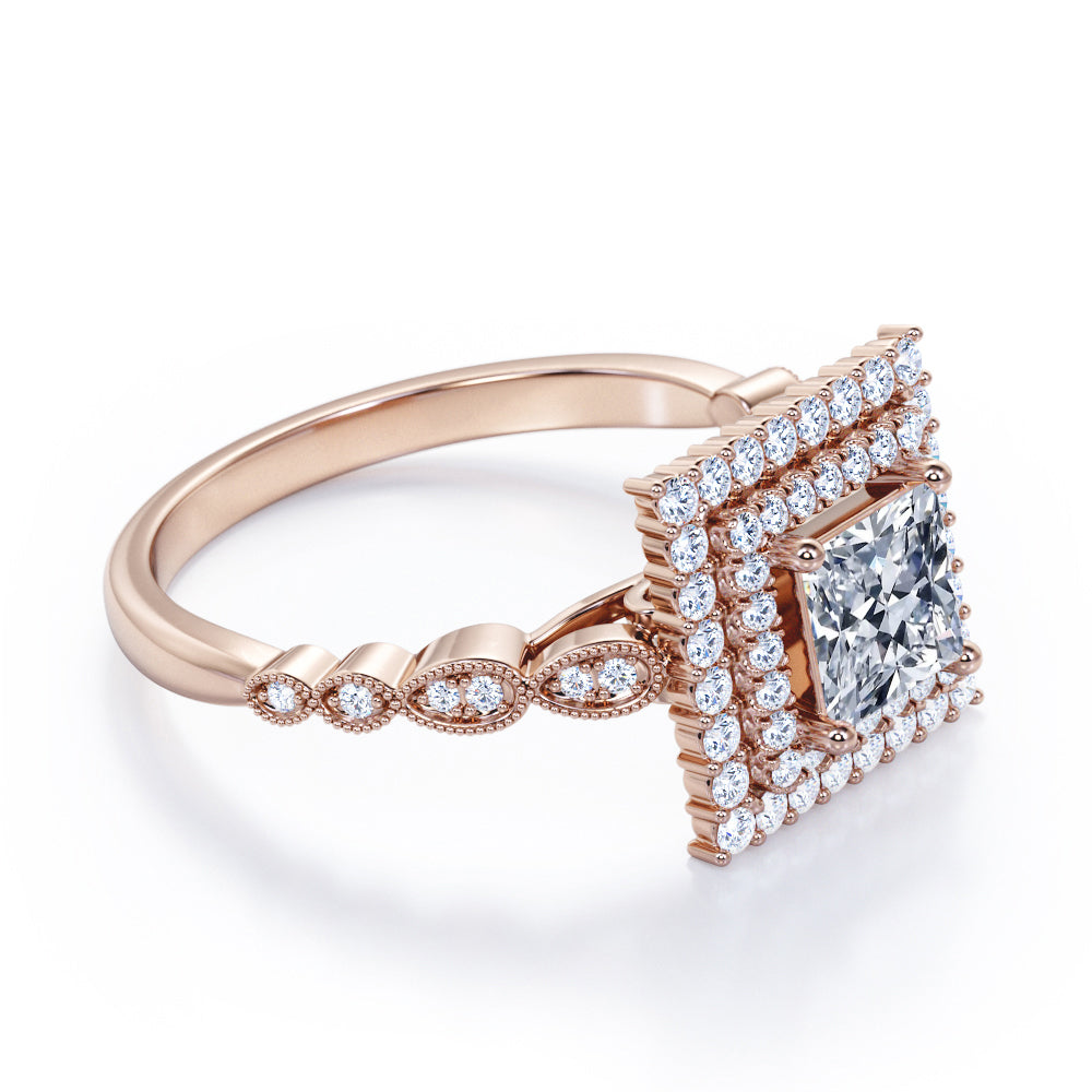 Antique inspired 1.75 carat Princess cut Moissanite and diamond double halo engagement ring in White gold