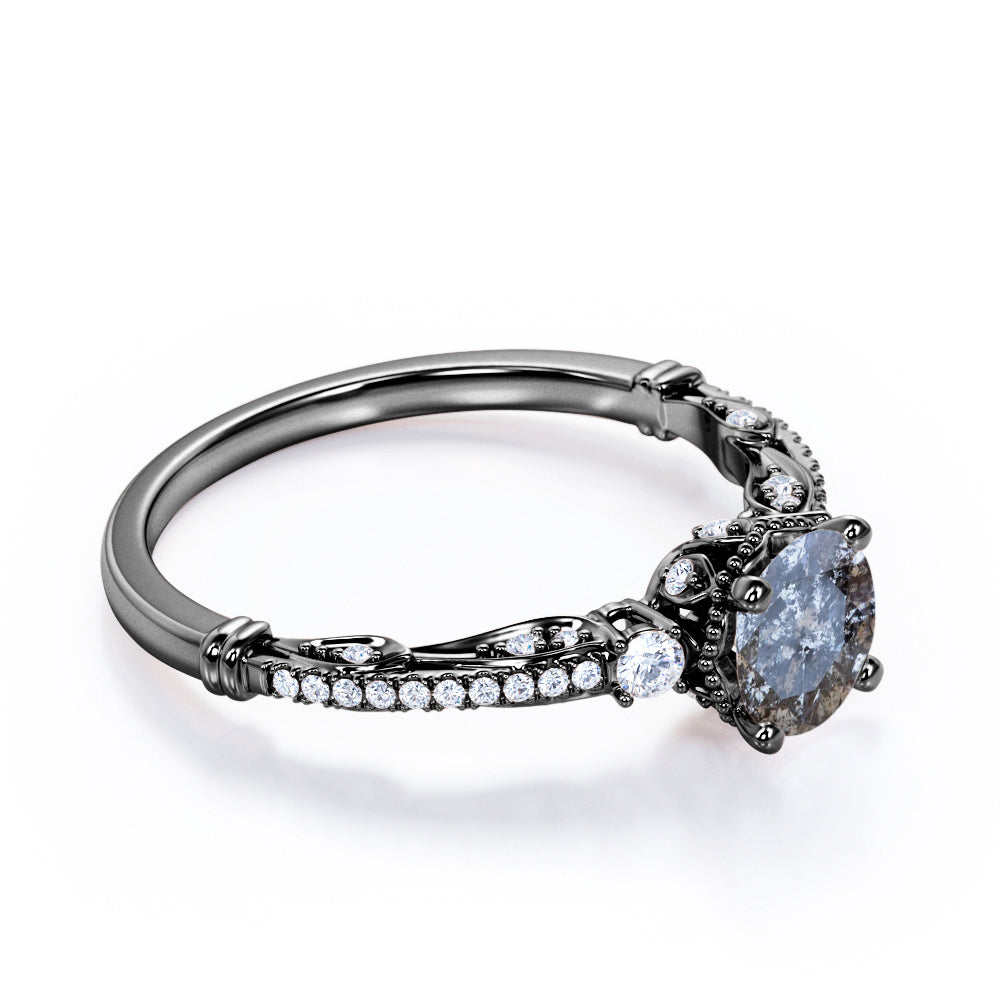 0.8 carat Round cut Salt and pepper diamond and White diamond-art deco-pave set engagement ring in White gold
