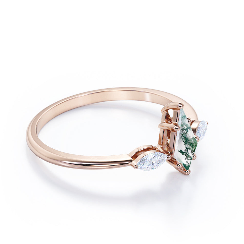 Modern Trinity 1.15 carat Kite shaped Moss Green Agate and marquise diamond tapered shank engagement ring in Black gold