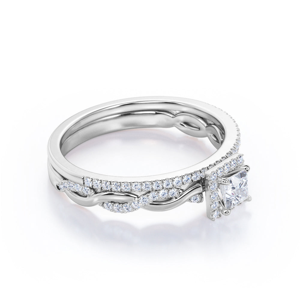 Infinity style 0.8 carat Princess cut Moissanite and diamond twisted halo engagement ring set in rose gold-Bridal set