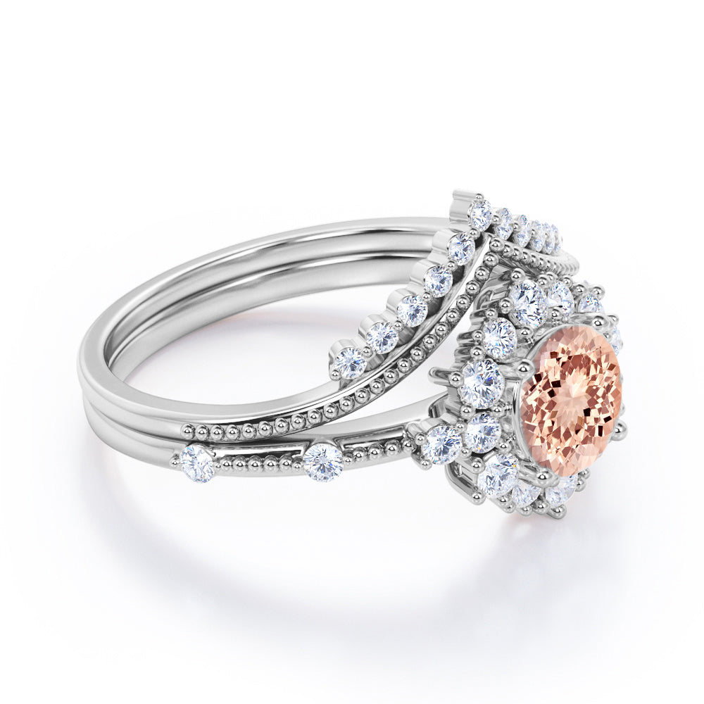 Contoured setting 1.65 carat Round cut Morganite and diamond Snowflake Milgrain Bridal set in Black gold