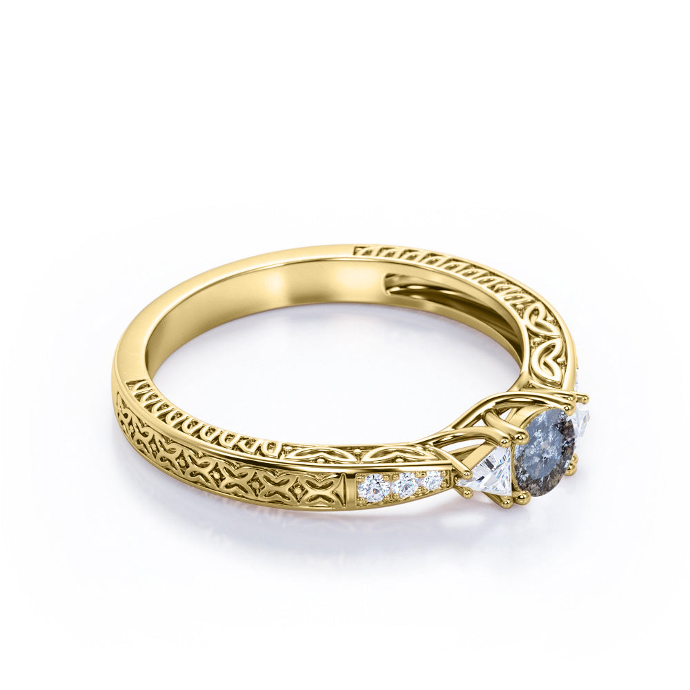 Past, Present, Future 0.6 carat Round cut Salt and pepper diamond vintage trillion engagement ring in White gold