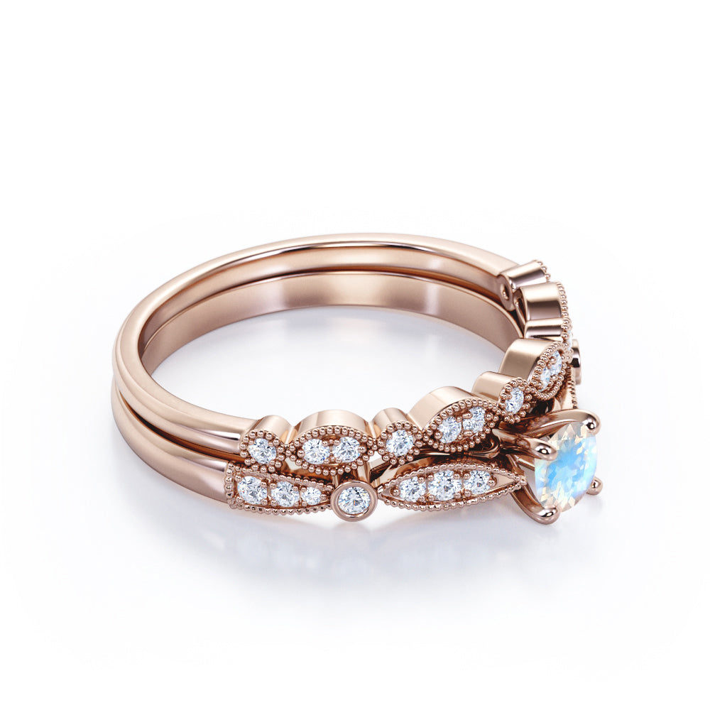 Double Milgrain 1.5 carat Round cut Rainbow Moonstone and diamond cathedral pave engagement ring in White gold
