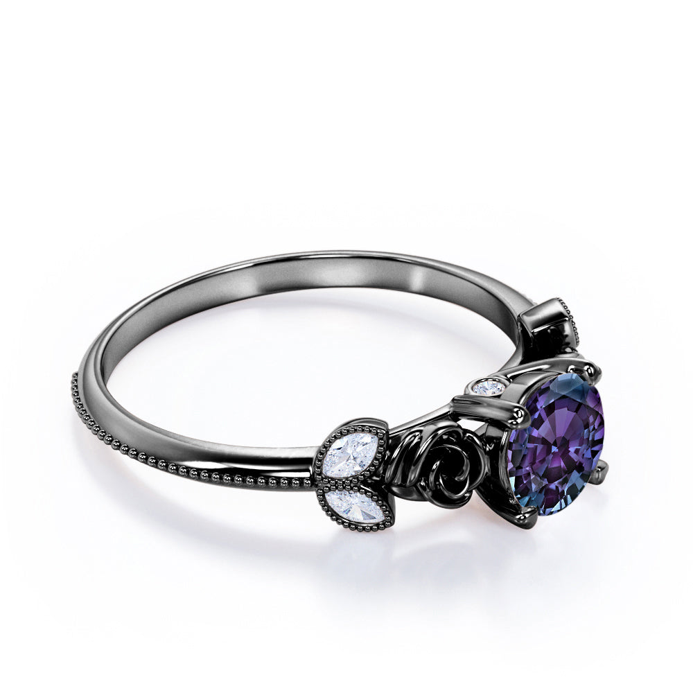 Vintage flowers 1.15 carat Round cut Lab created Alexandrite and diamond milgrain style engagement ring in White gold