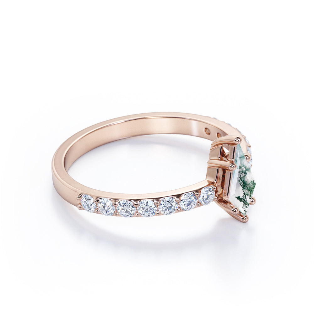 Classic Pave 1.15 carat Kite shaped Moss Agate and diamond 6 prong engagement ring in White gold
