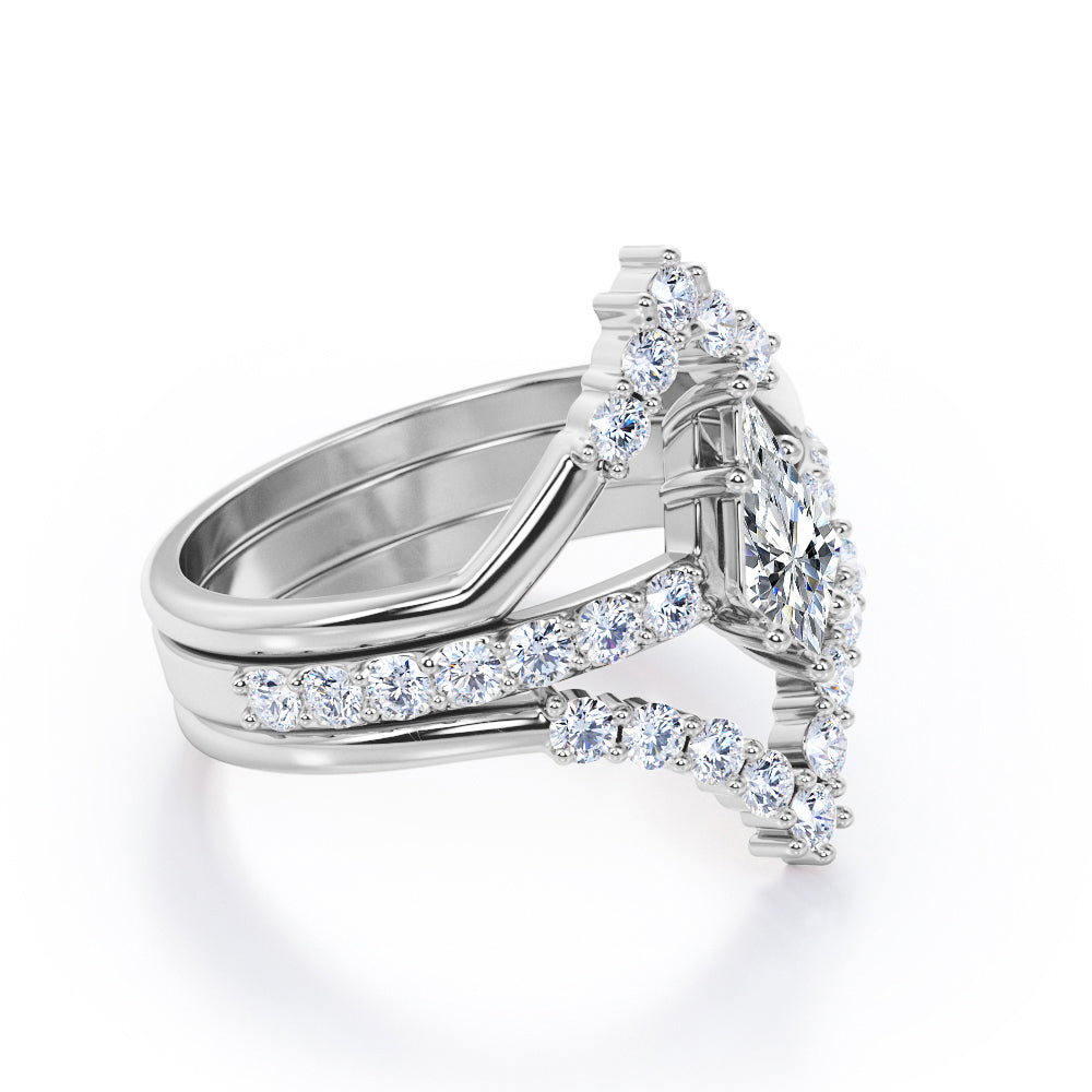 Art deco chevron 0.85 carat Kite shaped Moissanite and diamond pave set trio wedding ring set in Yellow gold
