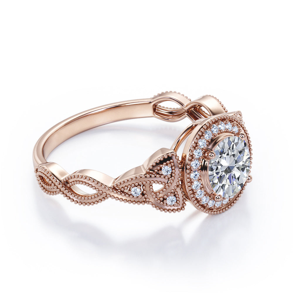 Twisted infinity 1.5 carat Round cut Moissanite and diamond vintage halo engagement ring in Black gold