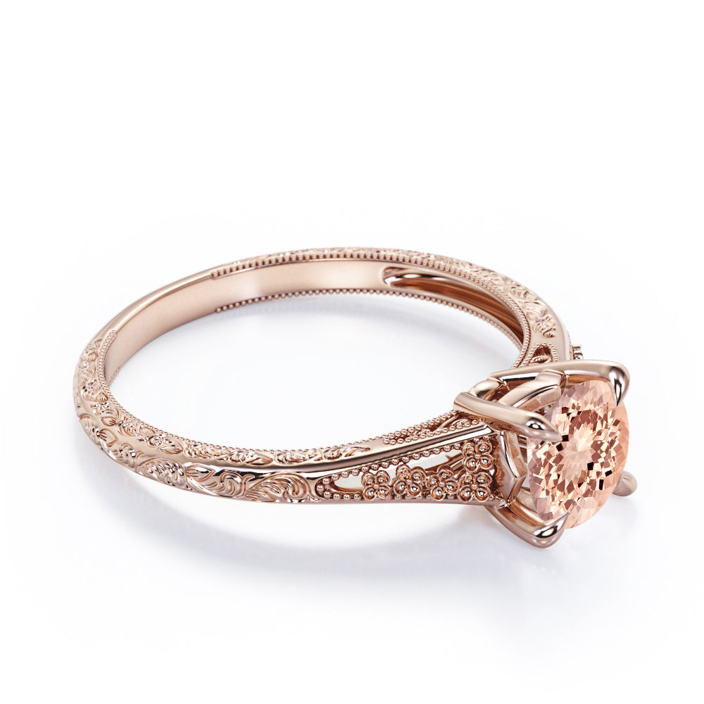 Filigree Split Shank 1 carat Round cut Pink Morganite nature inspired engagement ring in White gold