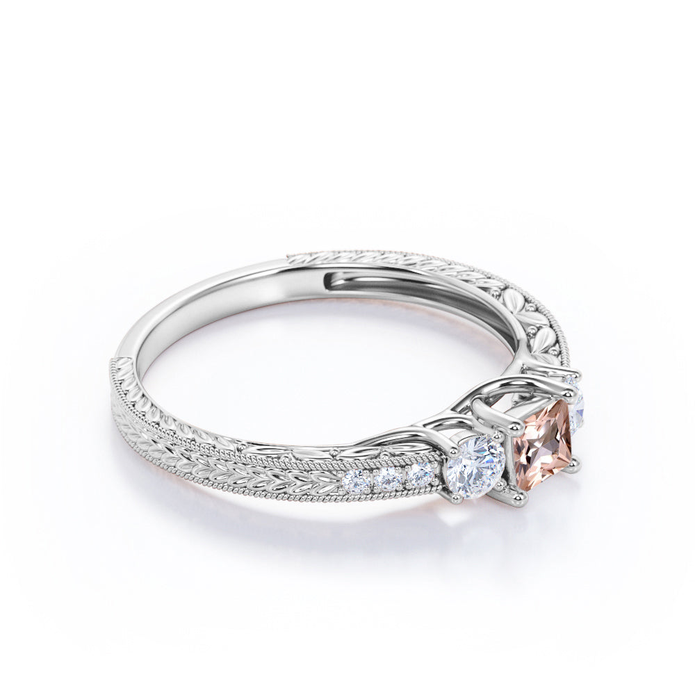 Modern 1.1 carat Princess cut Peach pink Morganite and diamond-3 stone engagement ring-leaf filigree ring for her