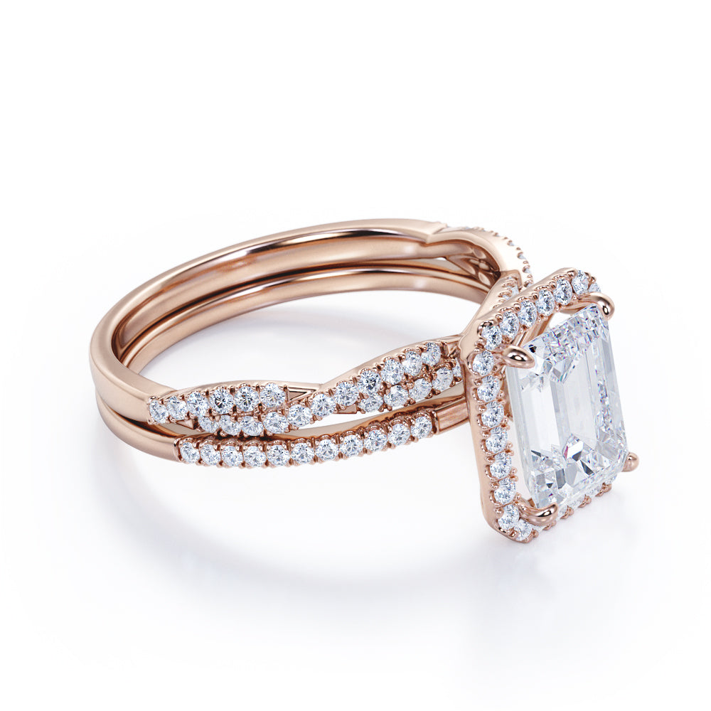 Unique pave set 1.7 carat Emerald cut Moissanite and diamond Halo wedding ring set in white gold