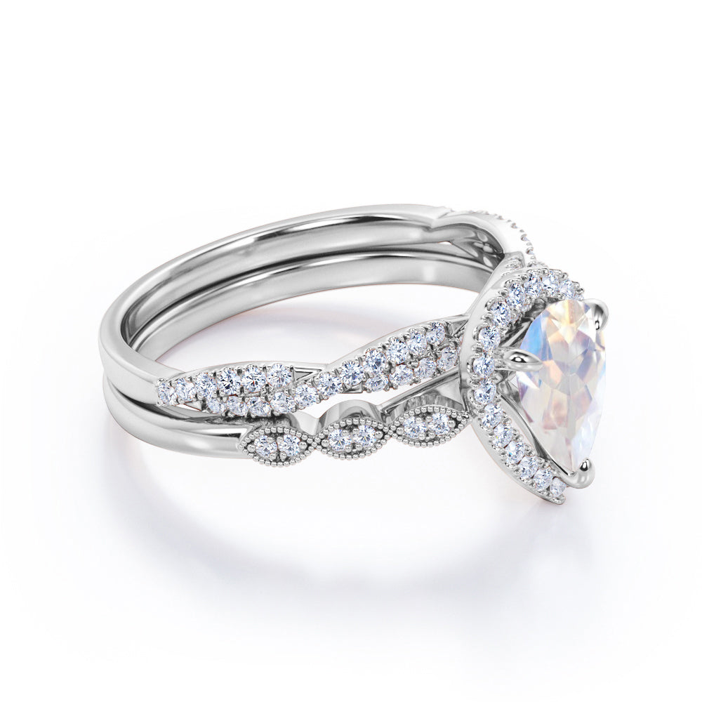 Art deco Antique 1.75 carat Pear shaped Milgrain Moonstone and diamond Wedding ring set- Anniversary ring in White gold