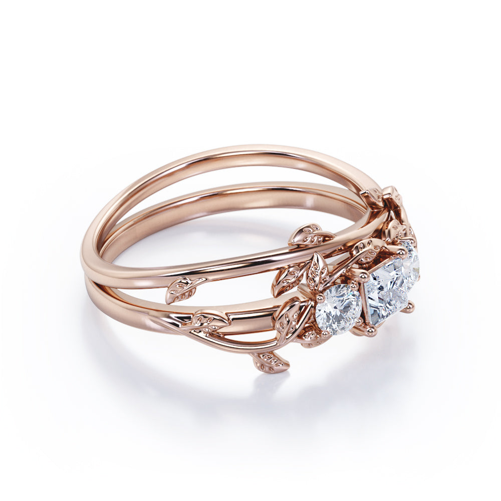 Nature inspired 1.15 carat Princess cut Moissanite and diamond three stone wedding ring set for her