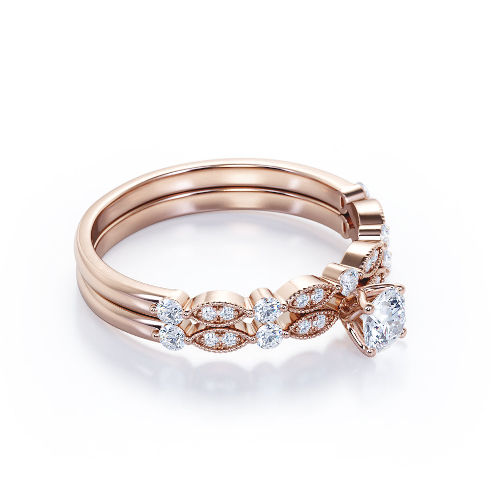 Antique art deco inspired 1 carat Round cut Moissanite and diamond marquise and dot Bridal set for women in Yellow gold
