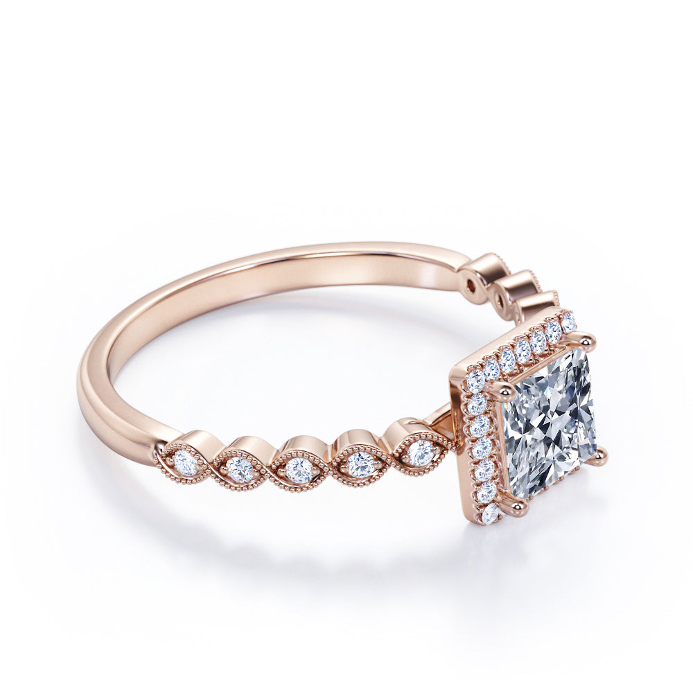Princess Halo 1.35 carat square cut Moissanite and diamond vintage engagement ring in White gold