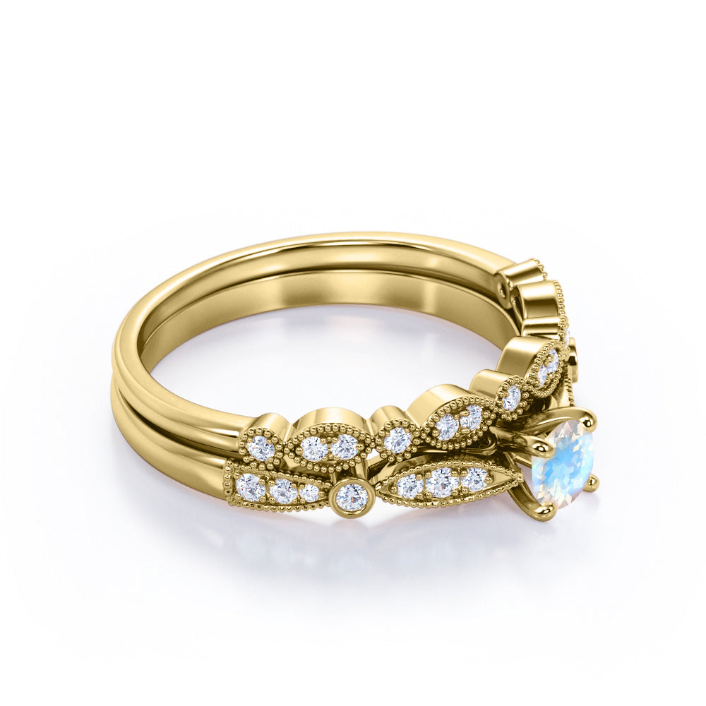 Double Milgrain 1.5 carat Round cut Rainbow Moonstone and diamond cathedral pave engagement ring in White gold
