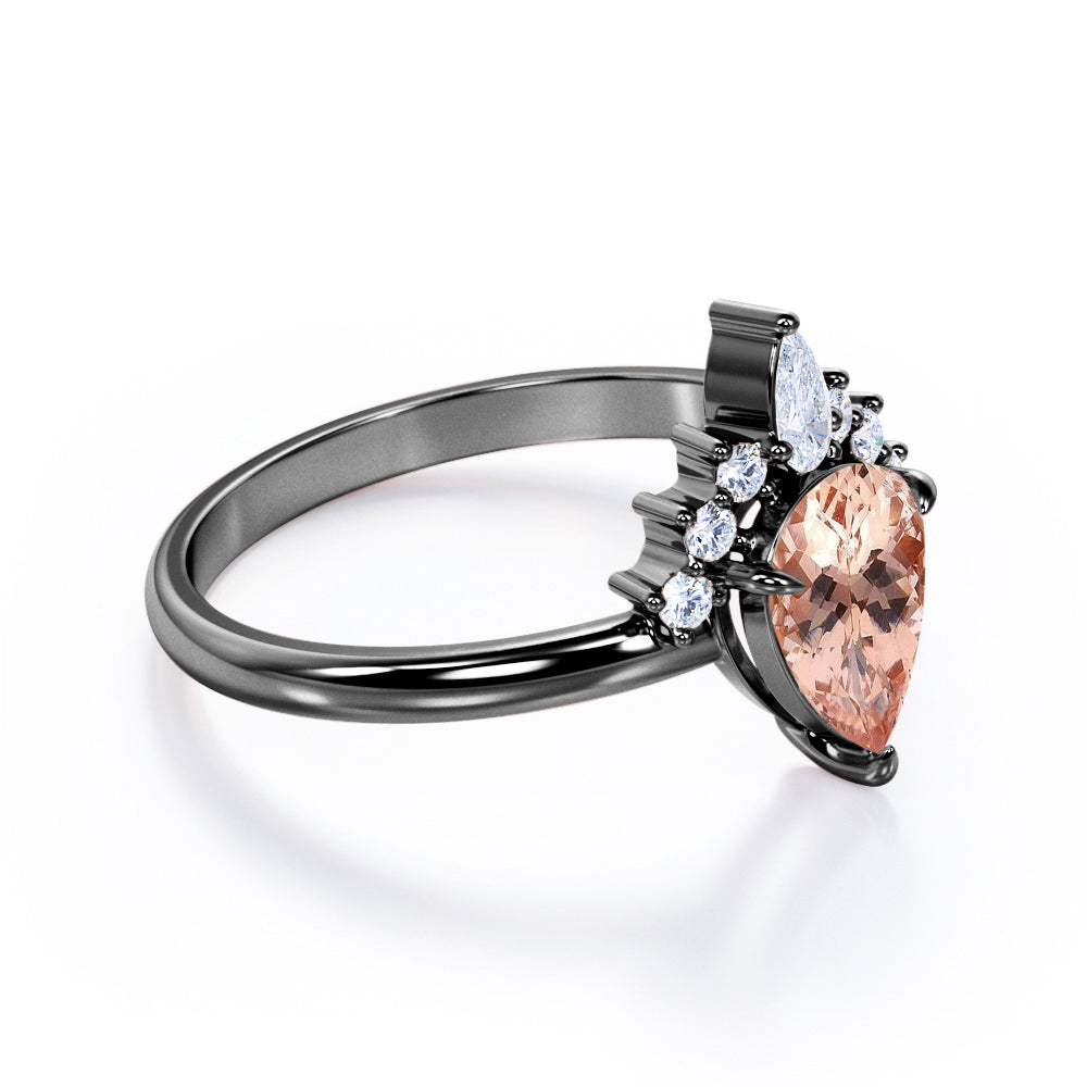 Lovely Tiara 1.15 carat Pear Shaped Peach Pink Morganite and diamond vintage engagement ring in White gold