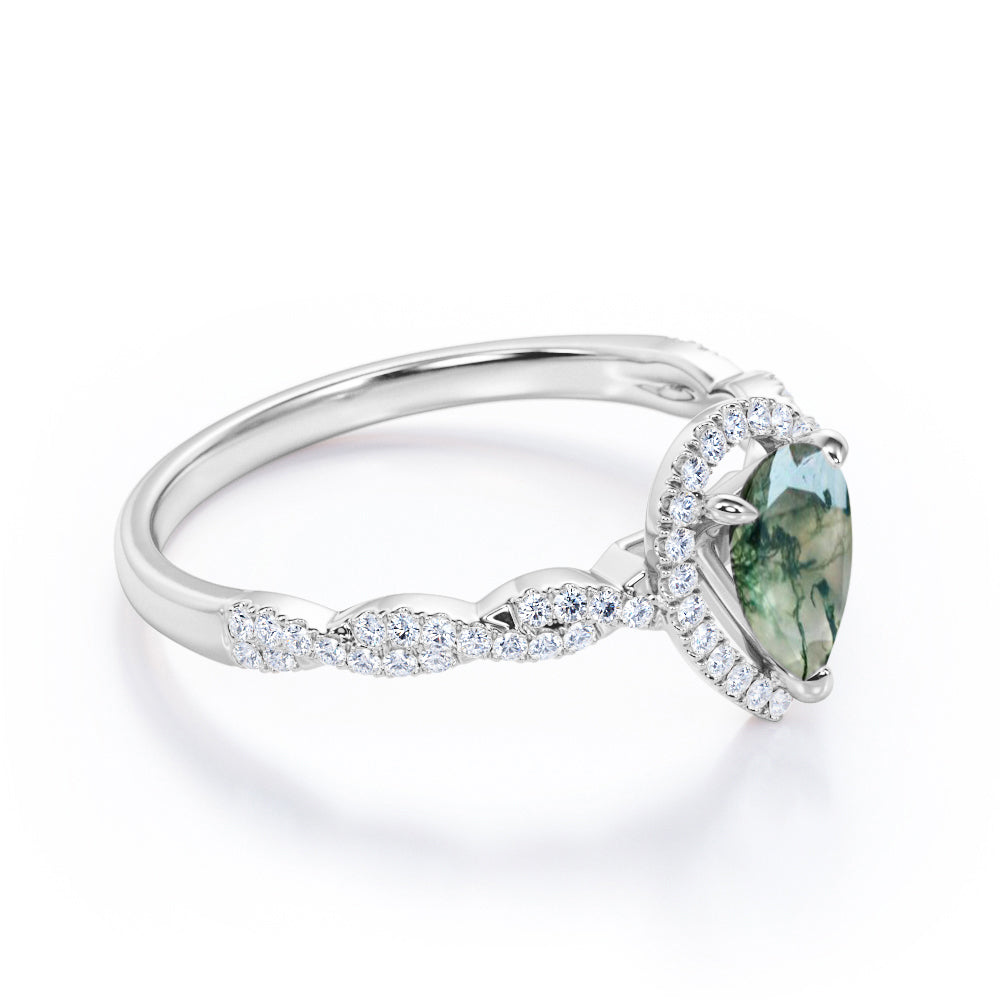 Stylish twisted style 1.5 carat Pear cut Moss Green Agate and diamond infinity halo engagement ring in Rose gold