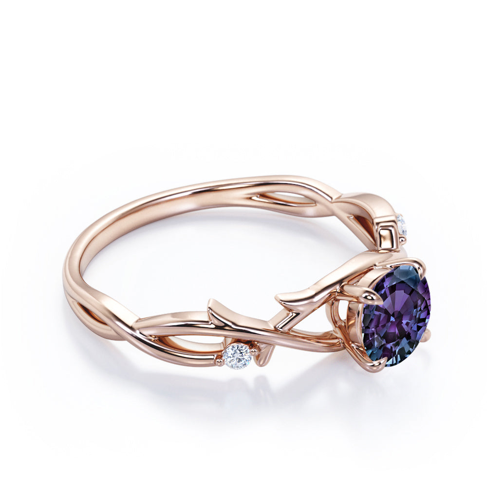 Four Claw Prong 1 carat Round cut Alexandrite and diamond earthy engagement ring in White gold