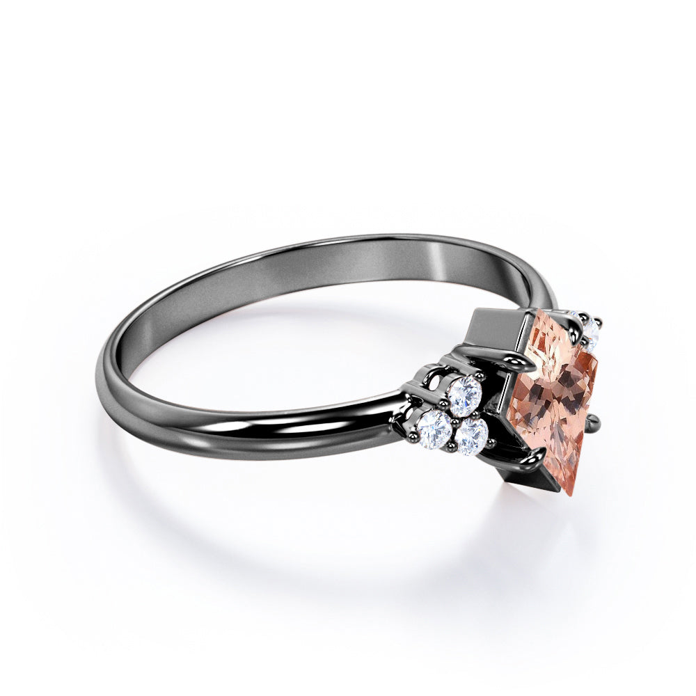 Affordable 1.2 carat Kite shaped Peach Morganite and diamond claw prong engagement ring in Rose gold