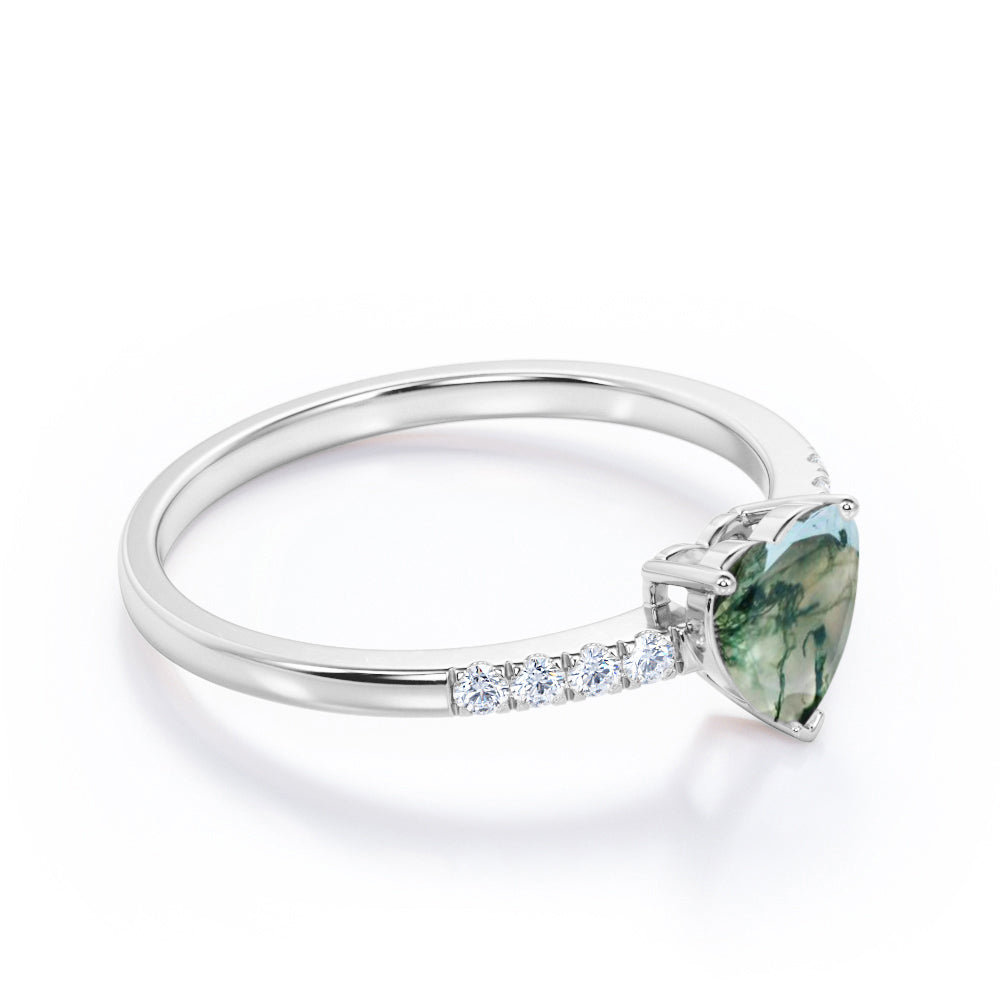 Vintage Pave 1.2 carat heart shaped Moss Green Agate and diamond eternity engagement ring in Black gold