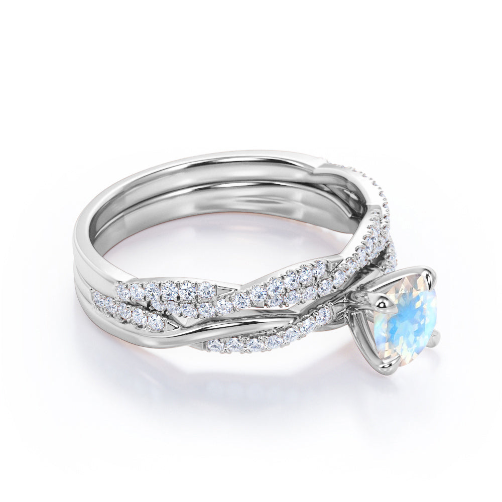 Twisted infinity 1.5 carat Round cut Prong setting Moonstone and diamond Wedding ring set for women in gold
