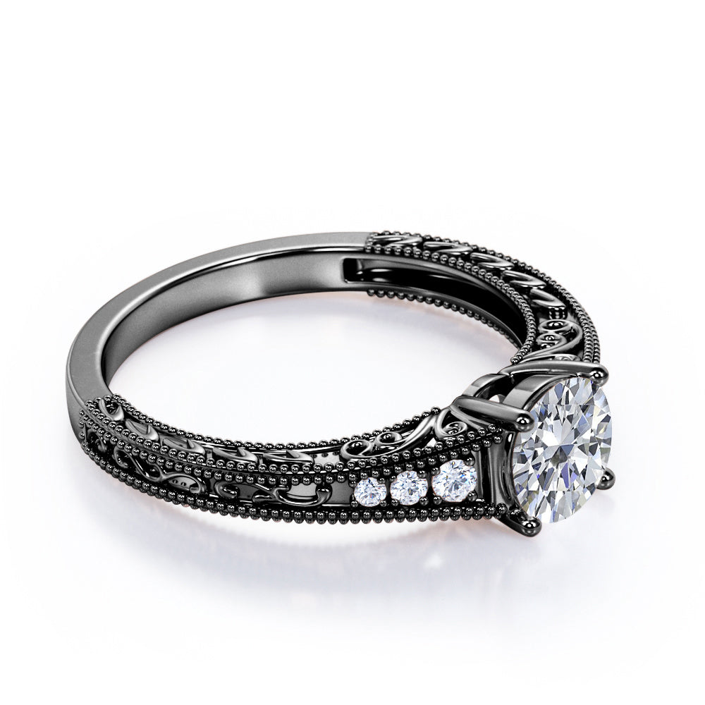 Vintage Tapered style 1.1 carat Round cut Moissanite and diamond Edwardian filigree engagement ring in rose gold