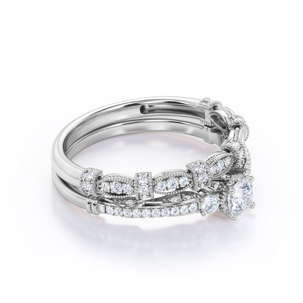 Classic three stone 1 carat Round cut Moissanite and diamond vintage milgrain wedding ring set in Rose gold