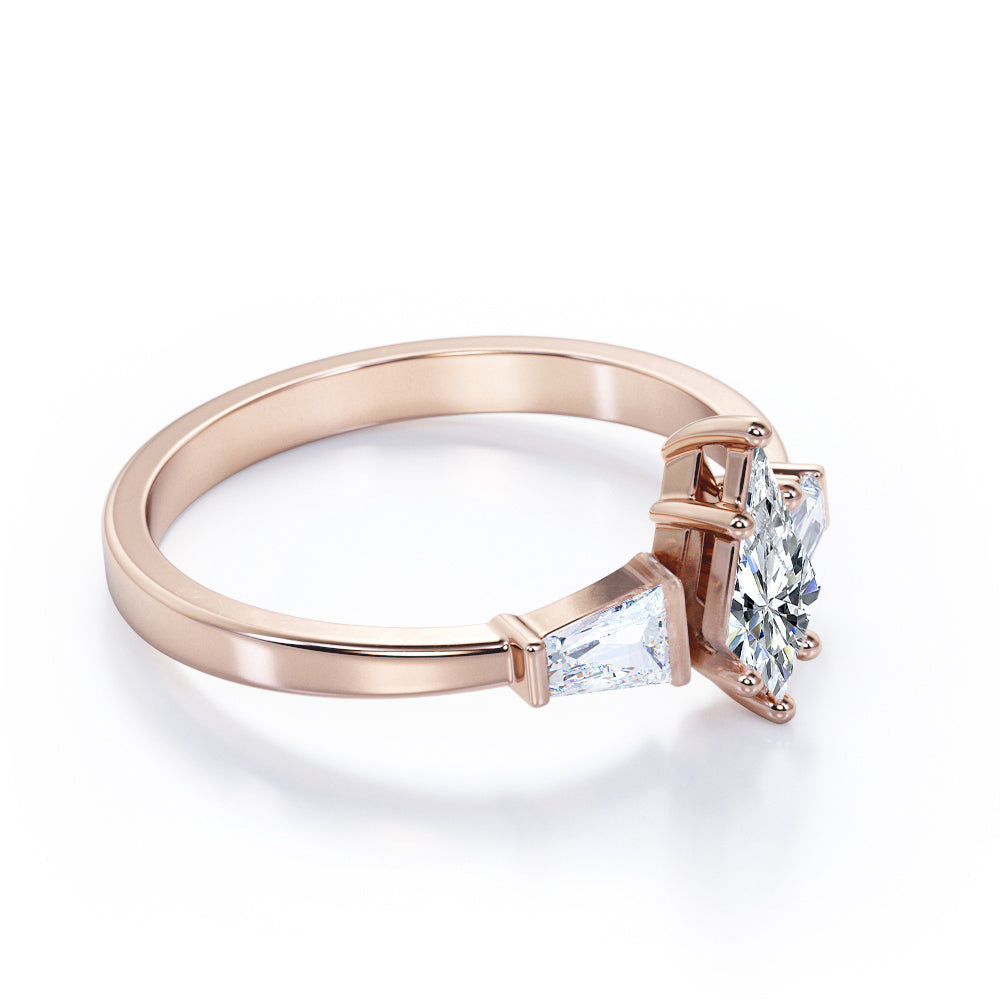 Eccentric 1.2 carat Kite shaped Moissanite and diamond art deco baguette engagement ring in Black gold